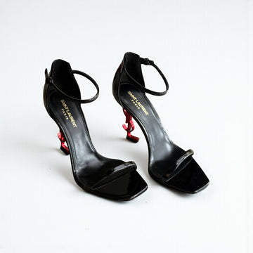 YSL Black Opyum Patent Leather Ankle-Strap, 4.5" Logo Heels, Box Damaged