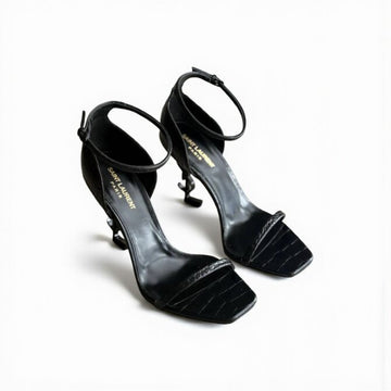 YSL Opyum Sandals, Crocodile-Embossed Leather, 4.5" Logo Heels, Box Damaged
