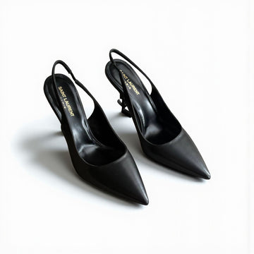 YSL Opyum Slingback Pumps, All Black, 4.5" Logo Heels, Smooth Leather, Box Damaged