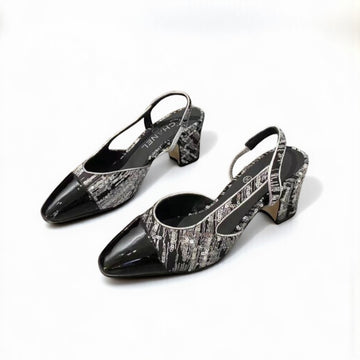 Chanel Slingback Heels, Sequin & Calfskin, 2.5 inches Heels, Silver & Black