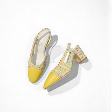 Chanel Slingback Heels, Tweed Cloth & Lambskin, 2.5 inches Heels, Yellow