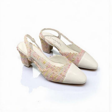 Chanel Slingback Heels, Tweed & Patent Leather, 2.5 inches Heels, Pink & White