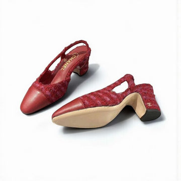 Chanel Slingback Heels, Tweed/Cloth & Calfskin, 2.5 inches Heels, Red