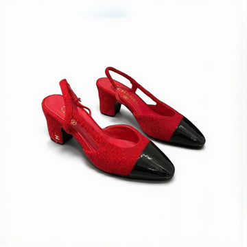 Chanel Slingback Heels, Fabric & Patent Leather, 2.5 inches Heels, Red & Black