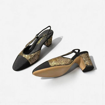 Chanel Slingback Heels, Sequin, 2.5 inches Heels, Golden & Black