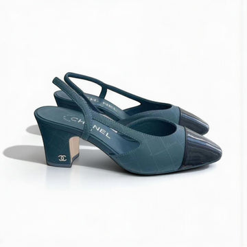 Chanel Slingback Heels, Calfskin & Patent Leather, 2.5 inches Heels, Blue & Black