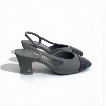 Chanel Slingback Heels, Calfskin & Patent Leather, 2.5 inches Heels, Gray & Black