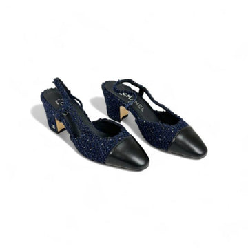 Chanel Slingback Heels, Cloth & Calfskin, 2.5 inches Heels, Dark Blue & Black