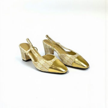 Chanel Slingback Heels, Fabric & Patent Leather, 2.5 inches Heels, Apricot & Golden