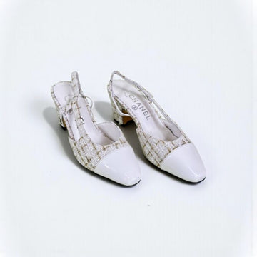 Chanel Slingback Heels, Tweed Cloth & Patent Calf, 2.5 inches Heels, White Gold & White