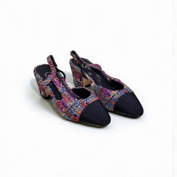 Chanel Slingback Heels, Fabric Tweed & Grosgrain, 2.5 inches Heels, Multicolor & Black