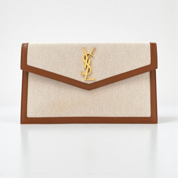 YSL Uptown Pouch Brown & Beige – Canvas & Leather, 27 cm