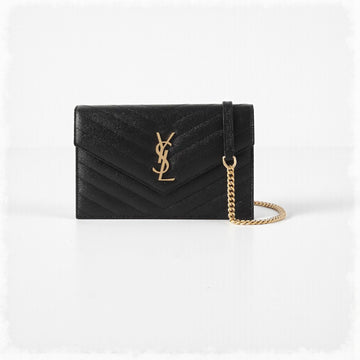 YSL Cassandre Envelope Chain Wallet 18cm Black Chevron Leather