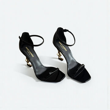 YSL Black Opyum Patent Leather Ankle-Strap Heels, 4.5" Logo Heels, Box Damaged