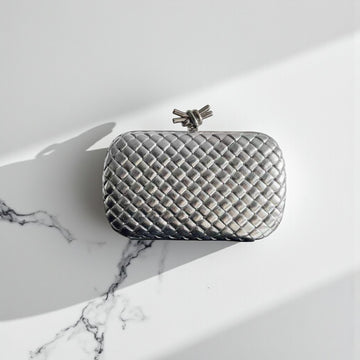 Bottega Veneta Knot Clutch Bag Silver Intreccio Leather 11.5x19x5cm