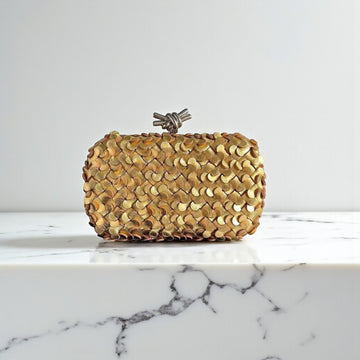 Bottega Veneta Knot Clutch Bag Silver Intrecciato Lambskin 11.5x19x5cm