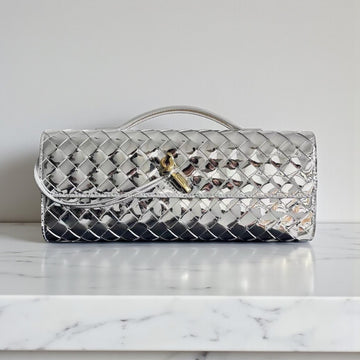 Bottega Veneta Andiamo Clutch Silver Intrecciato Laminated Lambskin 30cm
