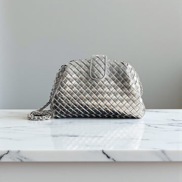 Bottega Veneta Lauren 1980 Silver Padded Intrecciato Clutch, 16.5x31.5x11 cm