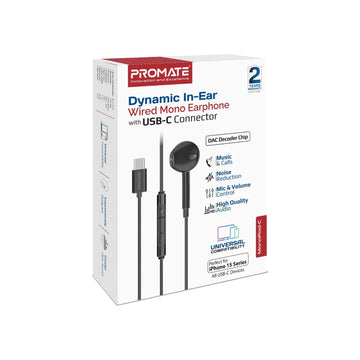 PROMATE MonoPod-C Dynamic In-Ear Wired Mono Earphone with USB-C Connector