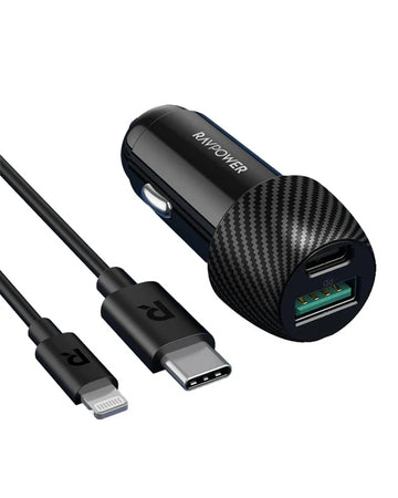RAVPOWER 2 Port 49W Fast Car Charger with 1M Lightning Cable -