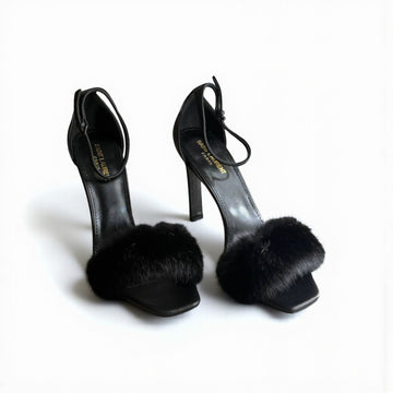 YSL Fur Heels, Smooth Leather and Fur Strap, 4" Heels, Box Damaged