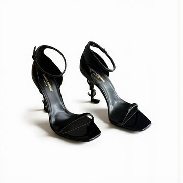 YSL Opyum Patent Leather Logo Heels, All Black, 4.5" Heels, Box Damaged