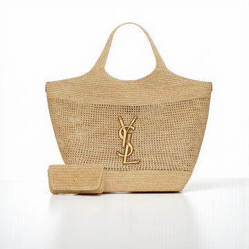 YSL ICare Maxi Raffia Hand-Embroidered Shopping Bag