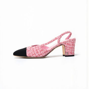 Chanel Slingback Heels, Tweed/Cloth & Grosgrain, 2.5 inches Heels, Pink & Black