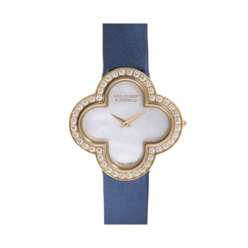 Alhambra Watch – 30mm Yellow Gold, Blue Satin, Zircon