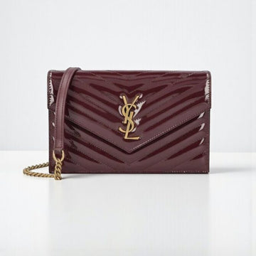 YSL Cassandre Patent Leather Wallet on Chain, Dark Red Wine 19cm