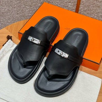 Hermes Empire Sandals, Black, Silver Hardware, Calfskin, Rubber Outsole