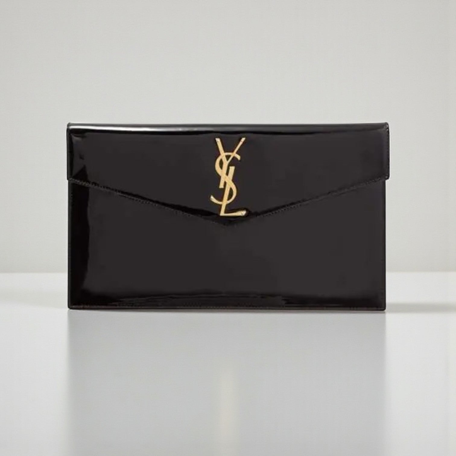 YSL Uptown Pouch in Glossy Black Patent Leather