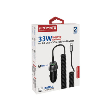 PROMATE PowerDrive-33PDC 33W Quick Charging Car Charger with USB-C Cable