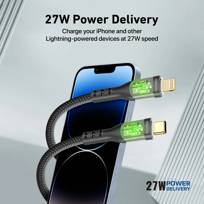 PROMATE TransLine-Ci 27W Power Delivery USB-C to Lightning Cable with Transparent Shells
