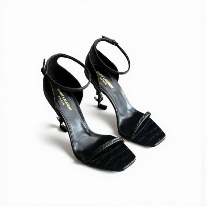 YSL Opyum Sandals, Crocodile-Embossed Leather, 4.5" Logo Heels, Box Damaged