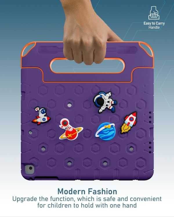 Moxedo Rugged Protective EVA Silicone Kids Case Cover, Shockproof DIY 3D Cartoon Pattern with Pencil Holder, Stand and Handle Grip Compatible for Apple iPad 10.9 inch (Purple)