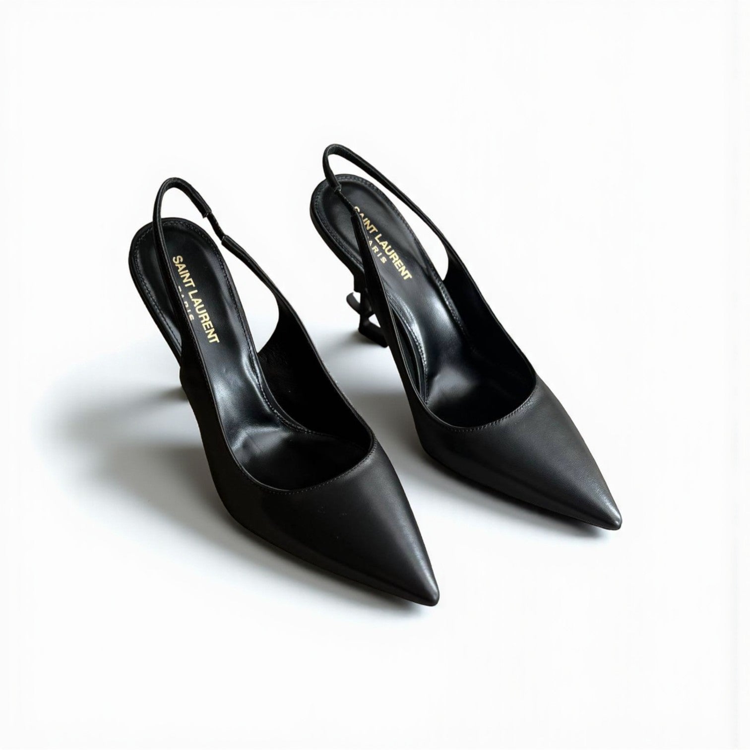 YSL Opyum Slingback Pumps, All Black, 4.5" Logo Heels, Smooth Leather, Box Damaged