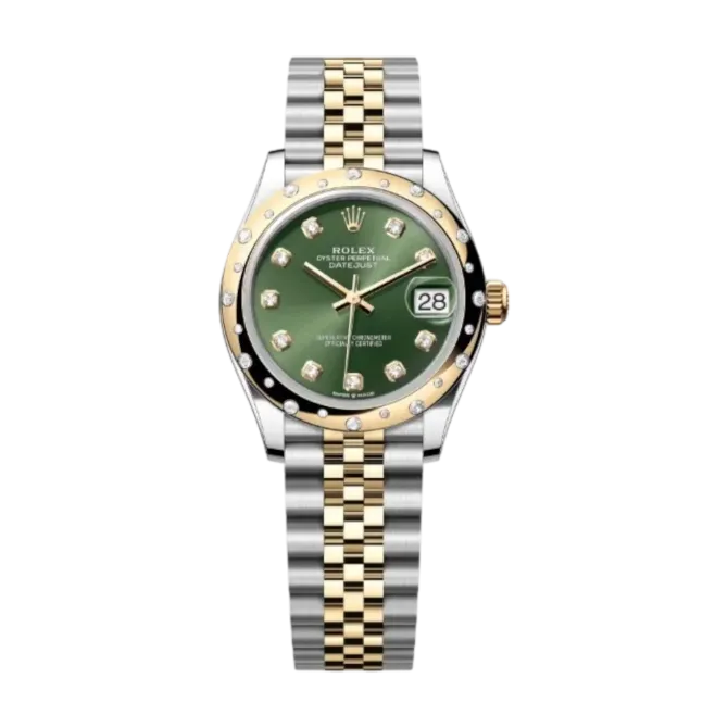 Datejust 31mm – White & Rose Gold, Green Dial, Zircon