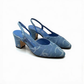 Chanel Slingback Heels, Denim, 2.5 inches Heels, Blue Denim
