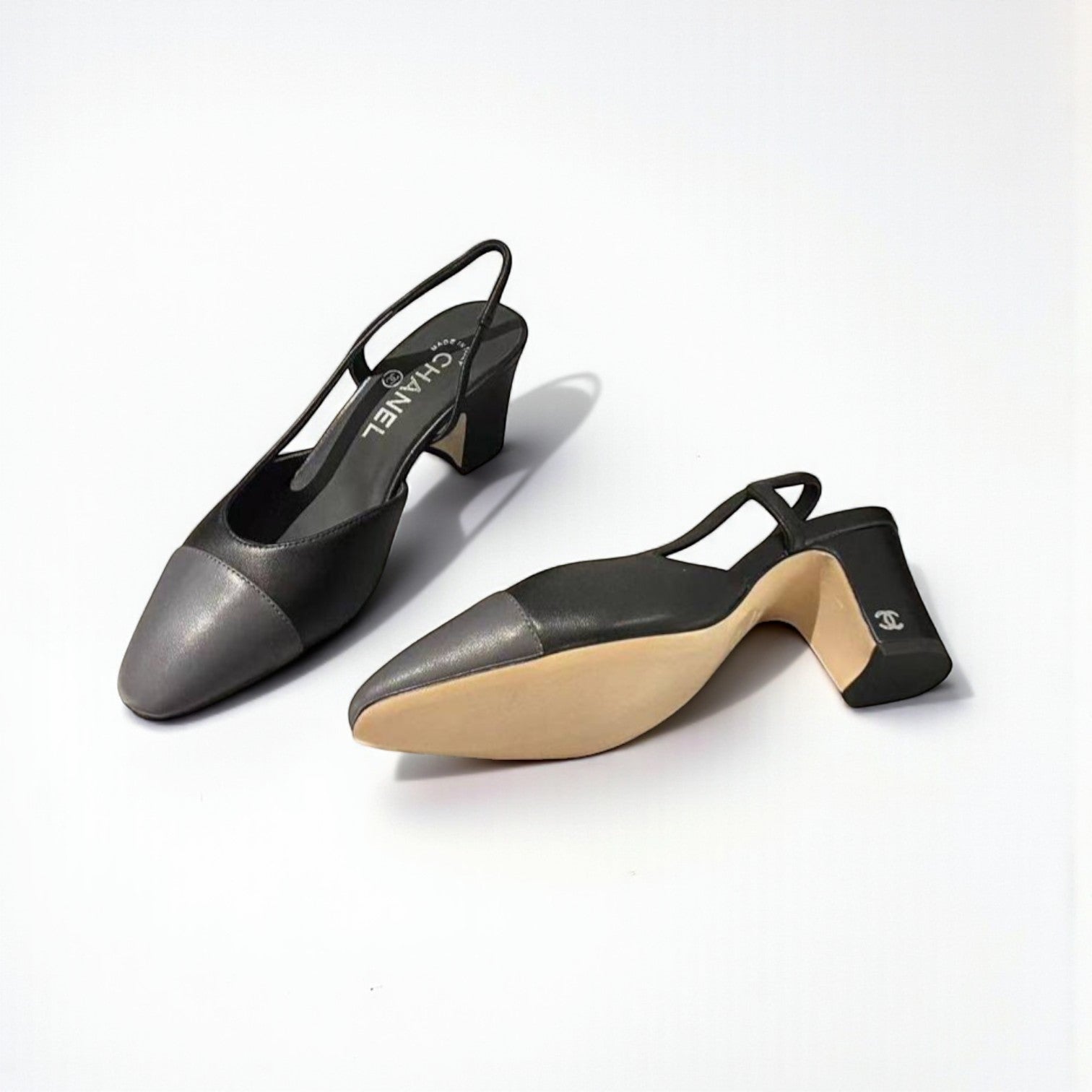 Chanel Slingback Heels, Calfskin, 2.5 inches Heels, Black & Grey