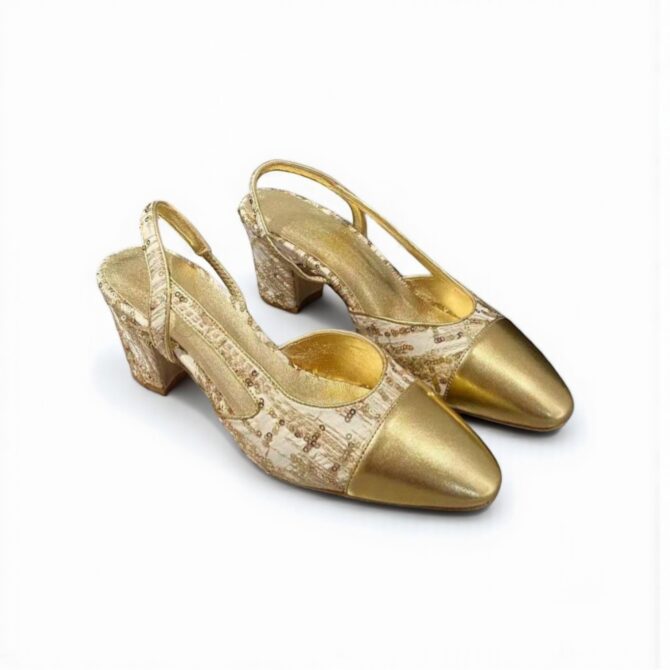 Chanel Slingback Heels, Sequin Cloth & Calfskin, 2.5 inches Heels, Golden