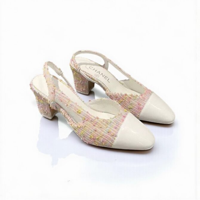 Chanel Slingback Heels, Tweed & Patent Leather, 2.5 inches Heels, Pink & White