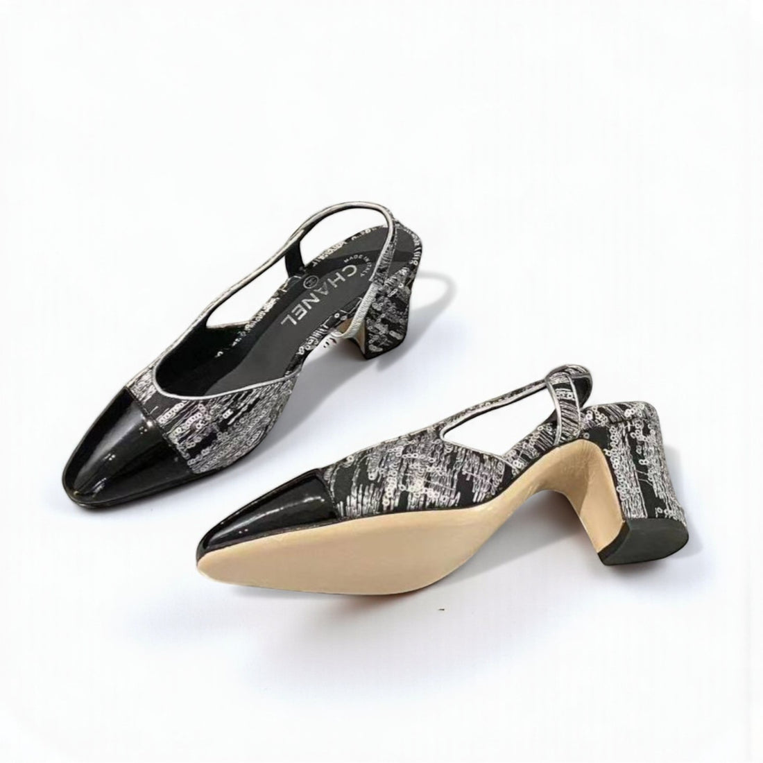 Chanel Slingback Heels, Sequin & Calfskin, 2.5 inches Heels, Silver & Black