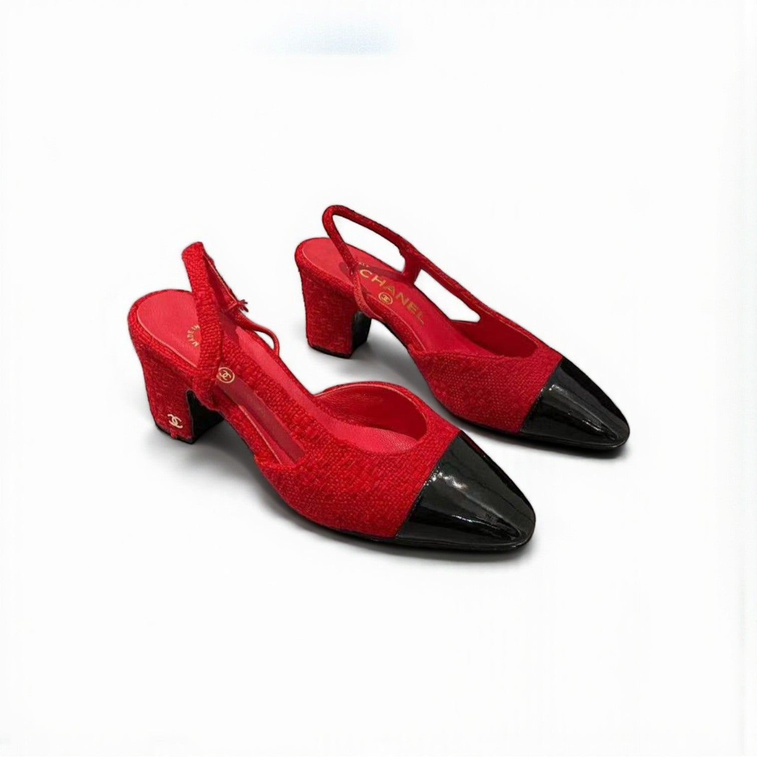 Chanel Slingback Heels, Fabric & Patent Leather, 2.5 inches Heels, Red & Black