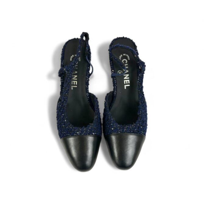 Chanel Slingback Heels, Cloth & Calfskin, 2.5 inches Heels, Dark Blue & Black