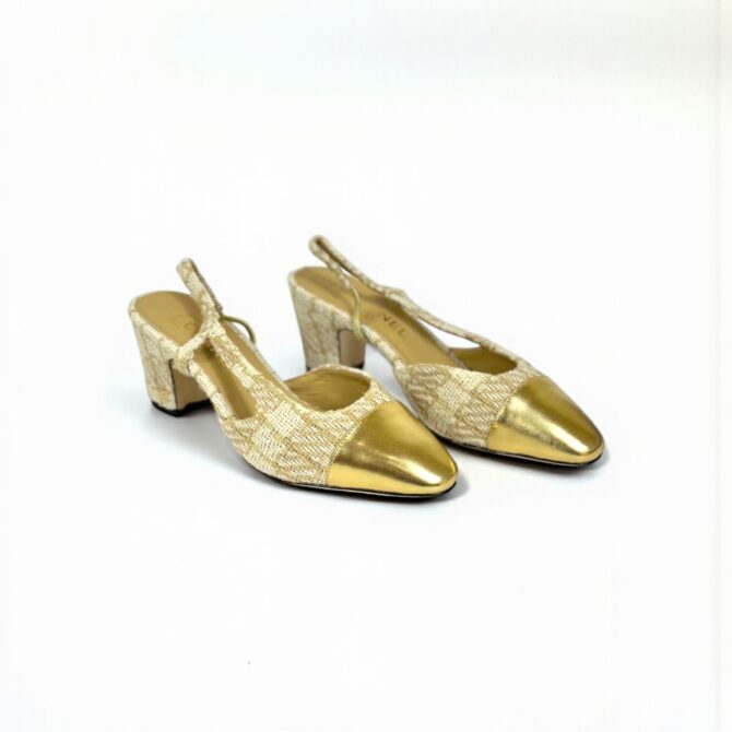 Chanel Slingback Heels, Fabric & Patent Leather, 2.5 inches Heels, Apricot & Golden