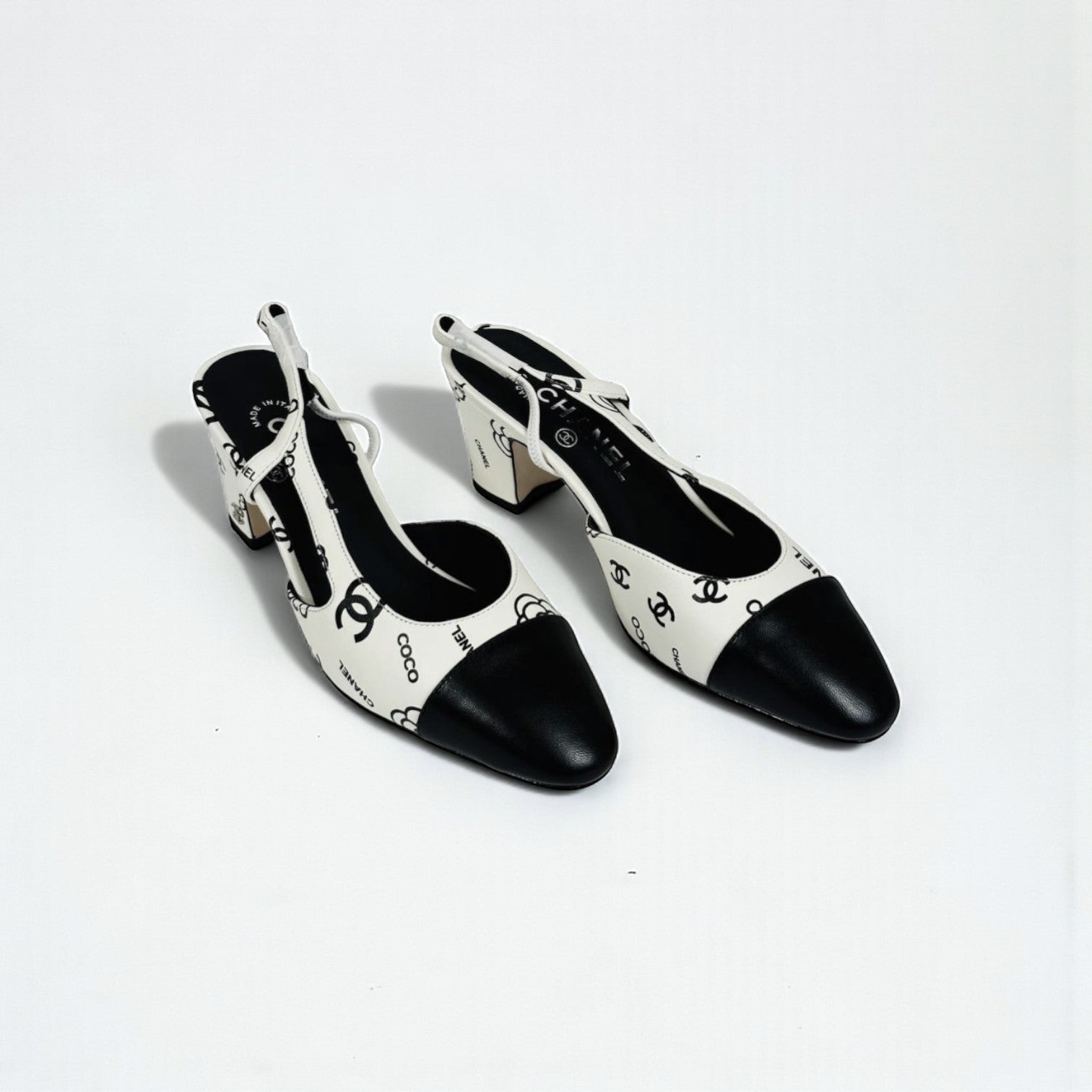 Chanel Slingback Heels, Lambskin, 2.5 inches Heels, White & Black, Box Condition Not Good