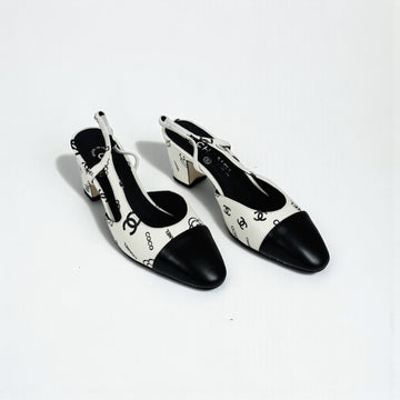 Chanel Slingback Heels, Lambskin, 2.5 inches Heels, White & Black, Box Condition Not Good