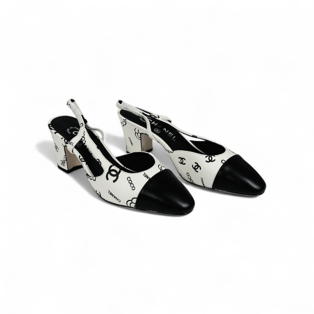 Chanel Slingback Heels, Lambskin, 2.5 inches Heels, White & Black, Box Condition Not Good