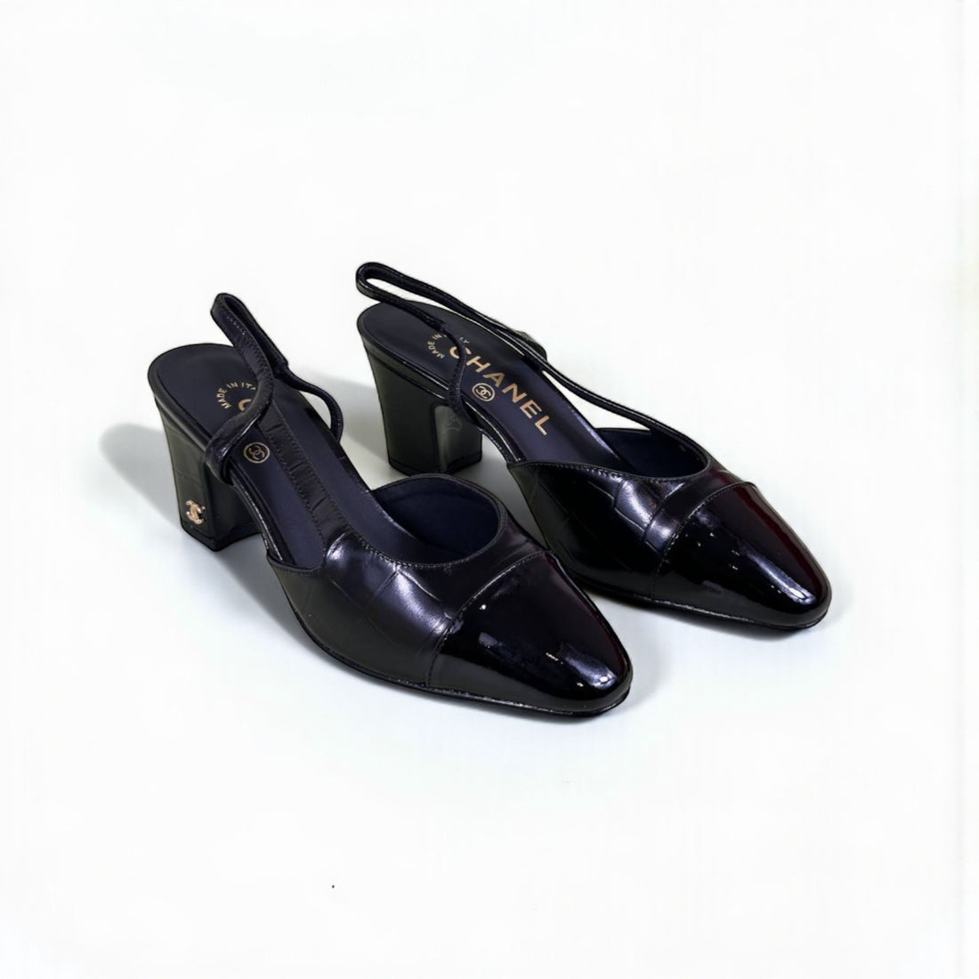 Chanel Slingback Heels, Calfskin & Patent Calfskin, 2.5 inches Heels, Black
